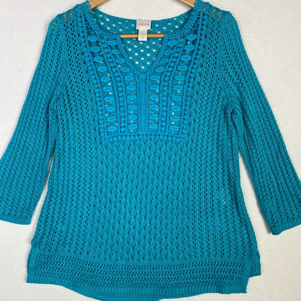 Chico's Ribbed 3/4 Sleeve Blue Green Tunic